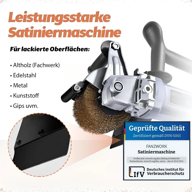 FANZWORK V2 1500 Watt Satiniermaschine Schleifmaschine Bürstenschleifgerät zur Renovierung von Oberflächen, mit Staubsaugung-Anschluss, Drehzahlregelung, Kugelgriff, Stahldrahtbürste FZ-7301B