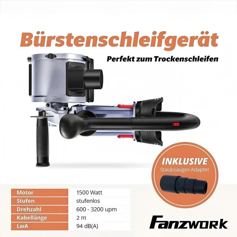 FANZWORK V2 1500 Watt Satiniermaschine Schleifmaschine Bürstenschleifgerät zur Renovierung von Oberflächen, mit Staubsaugung-Anschluss, Drehzahlregelung, Kugelgriff, Stahldrahtbürste FZ-7301B