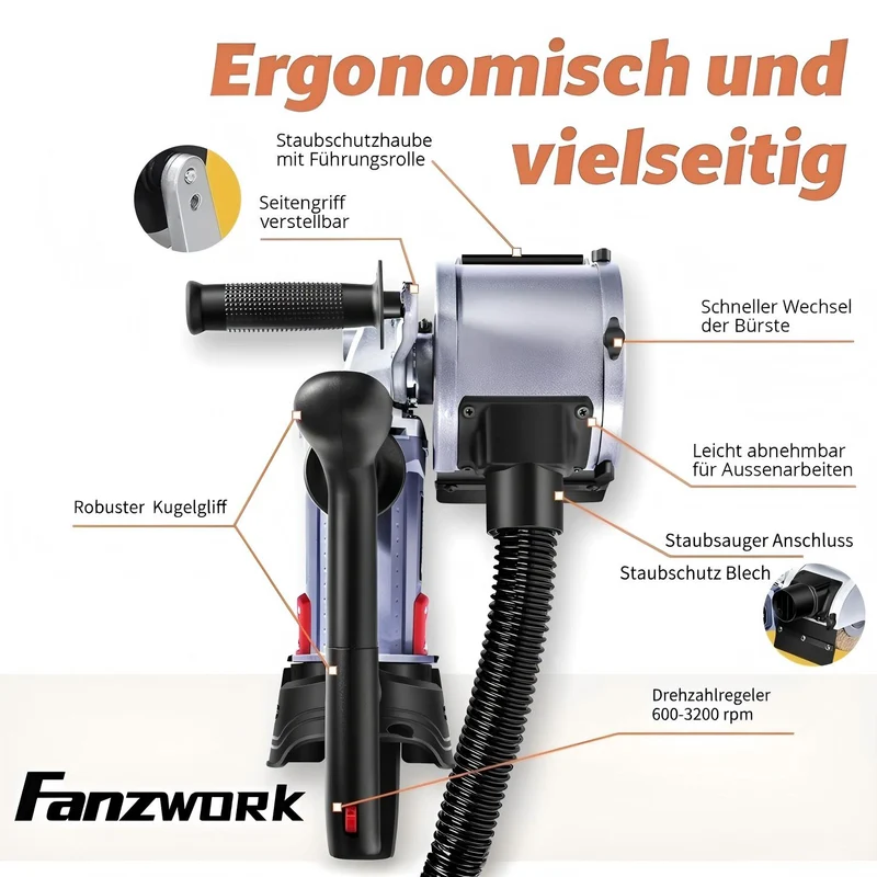 FANZWORK V2 1500 Watt Satiniermaschine Schleifmaschine Bürstenschleifgerät zur Renovierung von Oberflächen, mit Staubsaugung-Anschluss, Drehzahlregelung, Kugelgriff, Stahldrahtbürste FZ-7301B