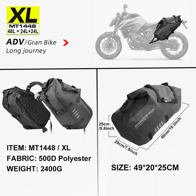 Rhinowalk Motorcycle Bag 100%Waterproof 18L/28L/48L Large Capacity 2 Pcs Universal Fit Motorcycle Pannier Bag Saddle Side Bags