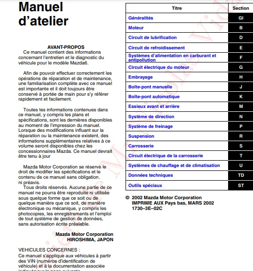 Manuel d'atelier français Mazda 6 PDF 2002 en français