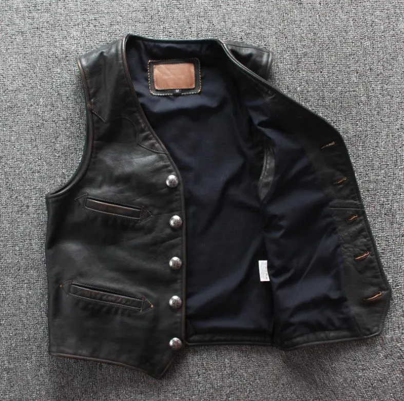 Gilet biker sans manche en cuir vieilli