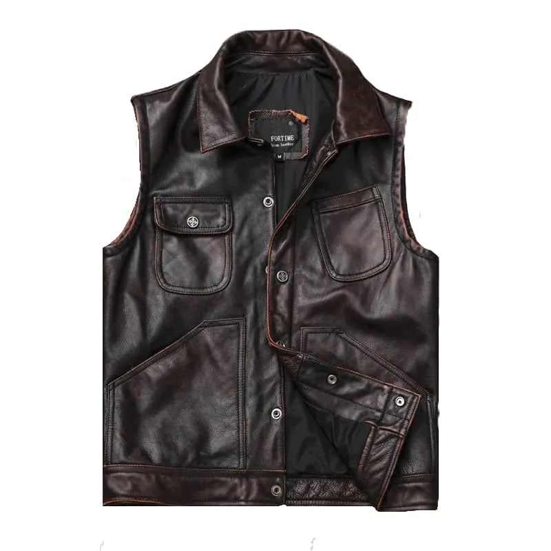 Gilet en cuir marron pour biker