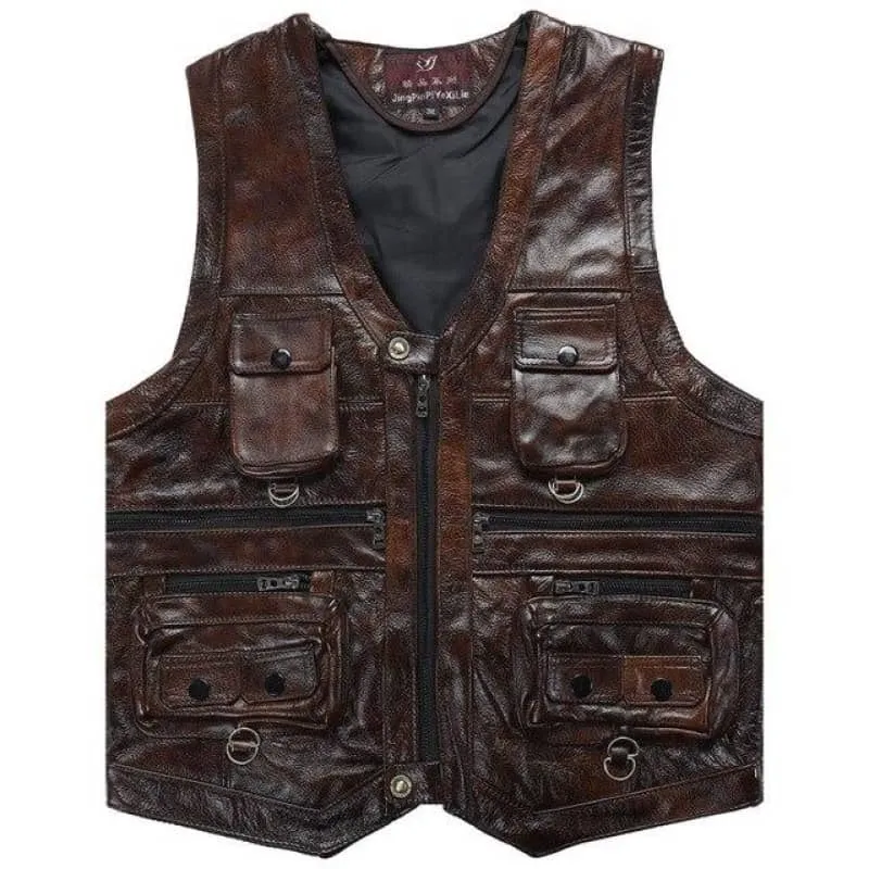 Gilet biker sans manche en cuir marron