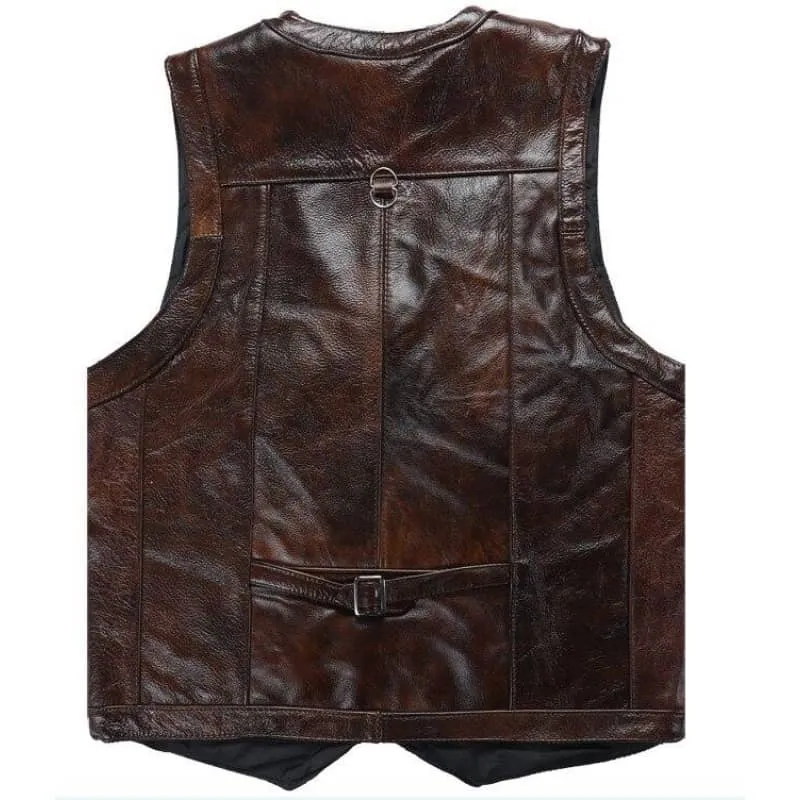 Gilet biker sans manche en cuir marron