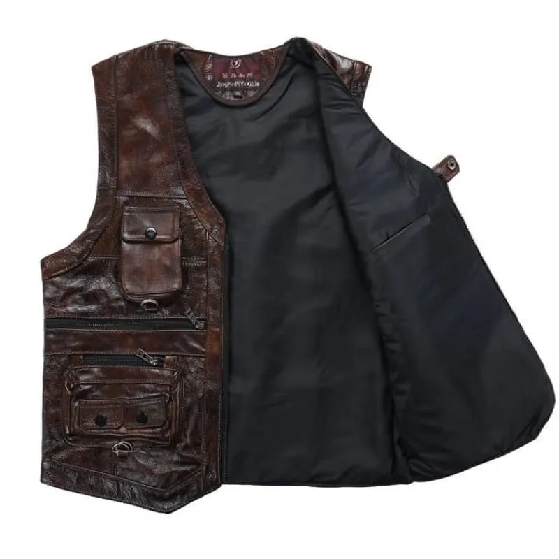 Gilet biker sans manche en cuir marron