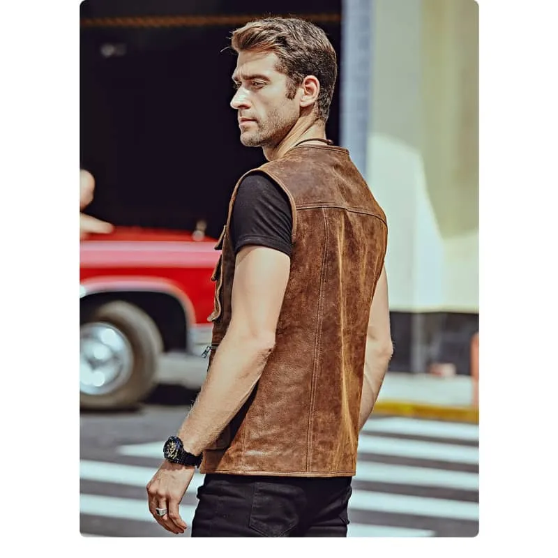 Gilet cuir biker marron