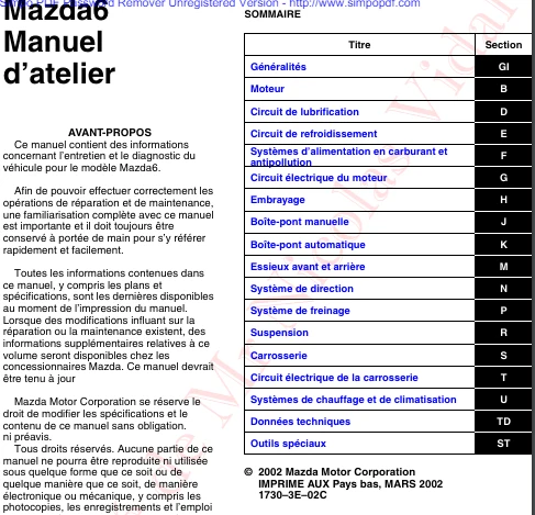 manuel d'atelier Mazda 6 2002 français