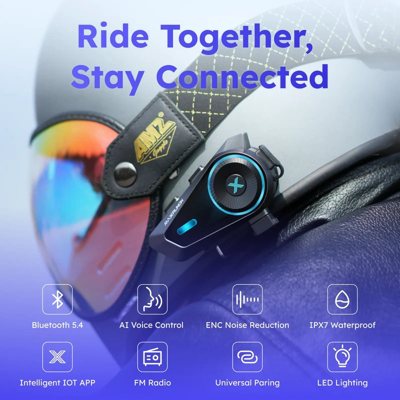 MAXRUNON D10 Motorcycle Bluetooth Intercom Helmet Headset 4 Riders Moto Group Interphone App AI Voice Control ENC IPX7 FM BT5.4