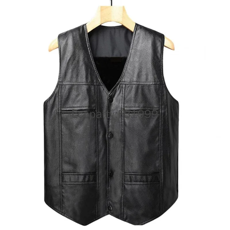 New Men Fashion Pu Leather Punk Biker Vest Spring Autumn Sleeveless Jacket For Men Black V-neck Pocket Motorcycle Waistcoat Male
