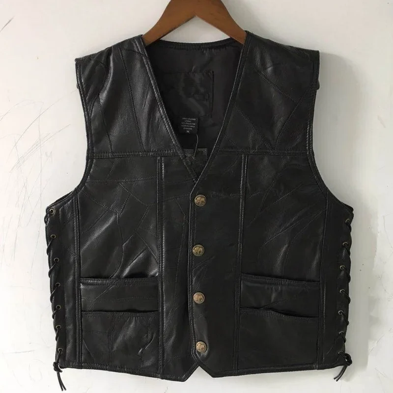 Mens Side Laces Adjustable Black Leather Motorcycle Vest Biker Vests Soft Sheepskin