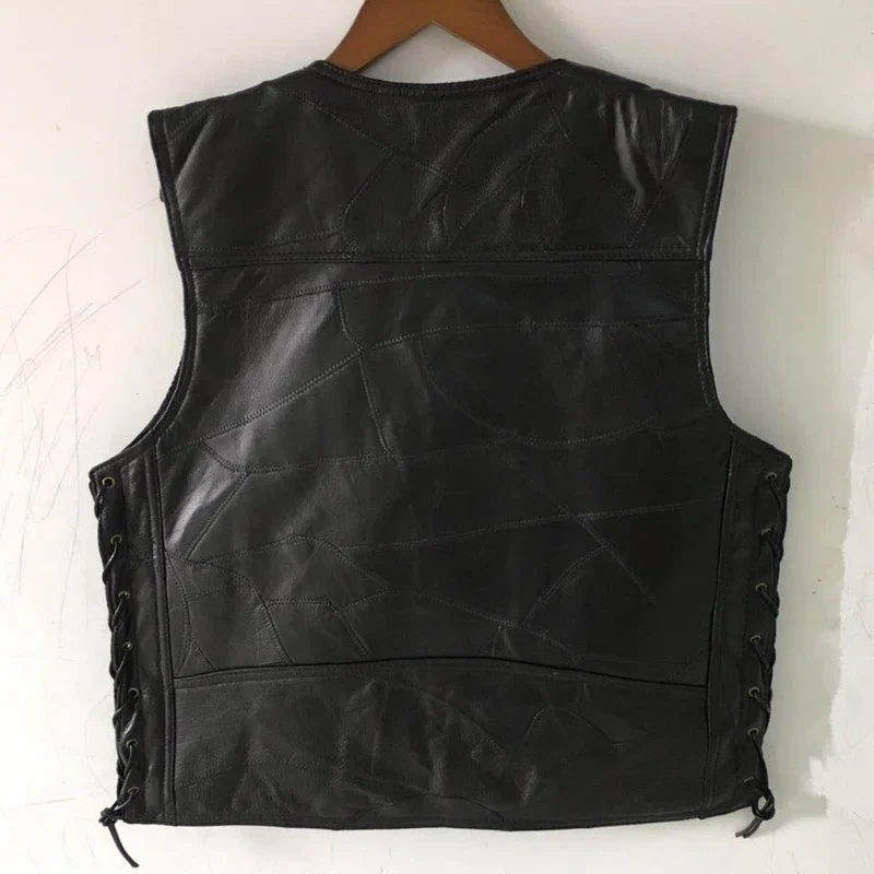 Mens Side Laces Adjustable Black Leather Motorcycle Vest Biker Vests Soft Sheepskin