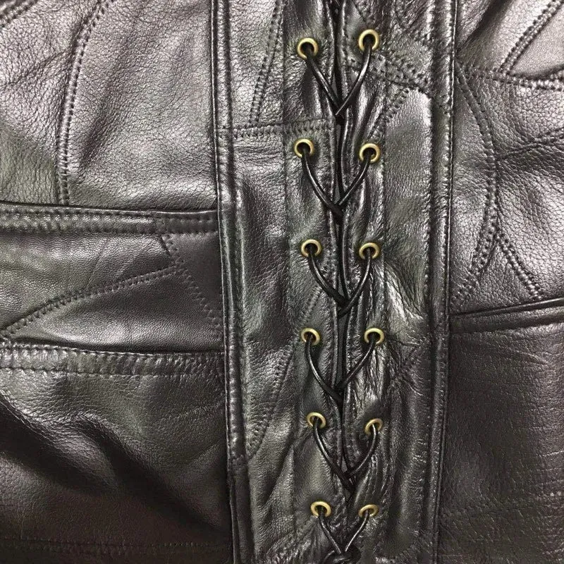 Mens Side Laces Adjustable Black Leather Motorcycle Vest Biker Vests Soft Sheepskin