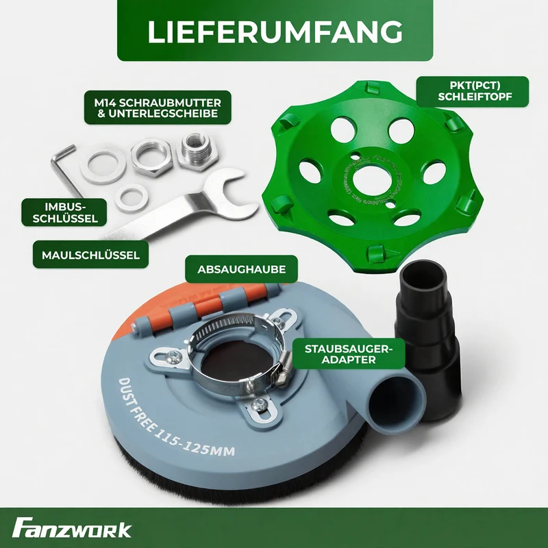 FANZWORK Absaughaube für Winkelschleifer inkl. 125 mm PKD-Schleiftopf zur Kleberentfernung – PROFI QUALITÄT – Bürsten Auswechselbar – 99% Universal Passend – Verstärkter Adapterring – M14 Adapter | PKD