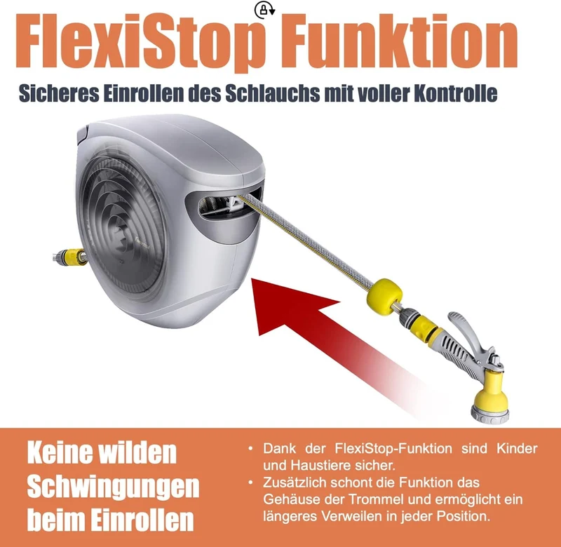 Schlauchtrommel 35m+2m 1/2" mit Wandhalterung Inkl. 8-Funktionen-Multi-Handbrause | Automatik Einrollen | 180° Schwenkbar | Gartenschlauch RoHS geprüft