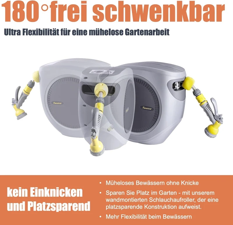 Schlauchtrommel 35m+2m 1/2" mit Wandhalterung Inkl. 8-Funktionen-Multi-Handbrause | Automatik Einrollen | 180° Schwenkbar | Gartenschlauch RoHS geprüft