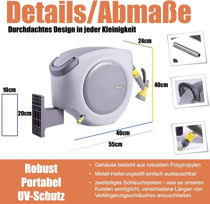 Schlauchtrommel 35m+2m 1/2" mit Wandhalterung Inkl. 8-Funktionen-Multi-Handbrause | Automatik Einrollen | 180° Schwenkbar | Gartenschlauch RoHS geprüft