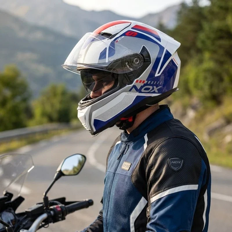 Casque intégral - N402 Mentor blanc bleu rouge brillant