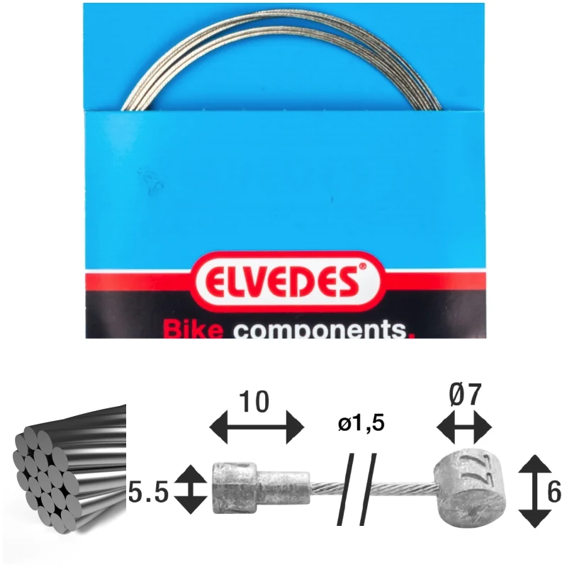 Câble de frein 3 000mm 1x19 fils inox Elvedes Ø1,5mm tête en V Ø5,5x10 and T-nipple