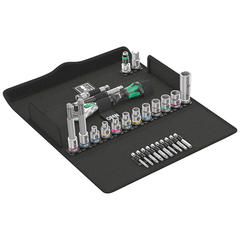 Cliquet Wera Bicycle Set 7 Zyklop Speed Tête Orientable 3-8 Avec Douille, Embout, Rallonge Et Adaptateur Noir-Vert (Coffret 27 Pieces) -Marque Allemande Pour Les Ateliers-