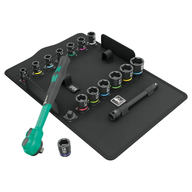 Cliquet Wera 8100 Sb Zyklop Comfort 3-8 Metrique Avec Douilles Et Rallonge Noir-Vert (Set 16 Pieces) -Marque Allemande Pour Les Ateliers-