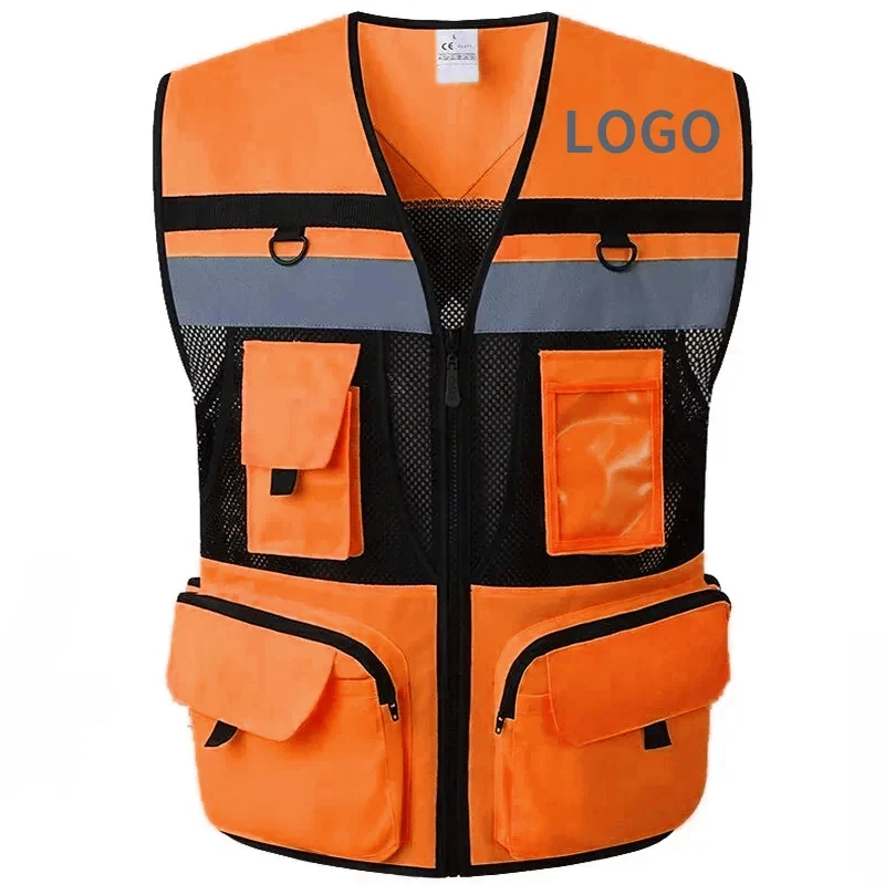 Custom LOGO Safety Vest Reflective With Tool Pockets Breathable Work gilet High Visibility Vest Mesh Reflective Vest Workwear
