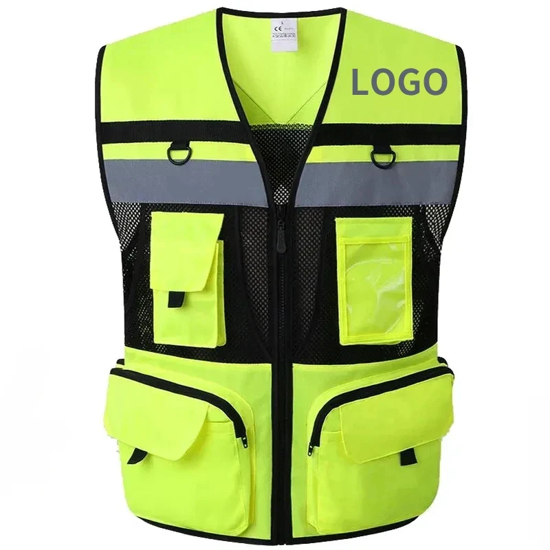 Custom LOGO Safety Vest Reflective With Tool Pockets Breathable Work gilet High Visibility Vest Mesh Reflective Vest Workwear