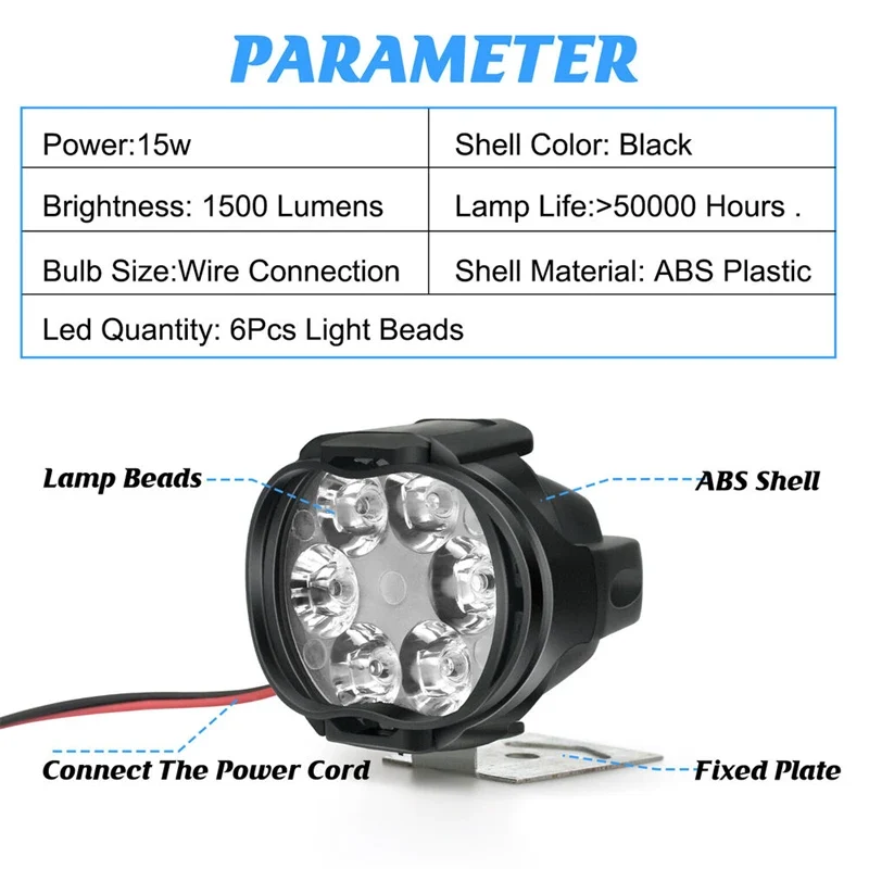 6 LED Motorcycle Headlight Mirror Fog Spot Head Light Spotlight Universal Scooter Fog Spotlight 6000K Lamp Motorcycle Work Light