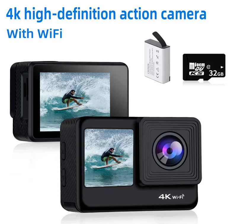 4k Action Camera WiFi Dual Screen Ultra HD 30M Underwater Camera Waterproof Camera Accessories Kits for Helmet Bicycle