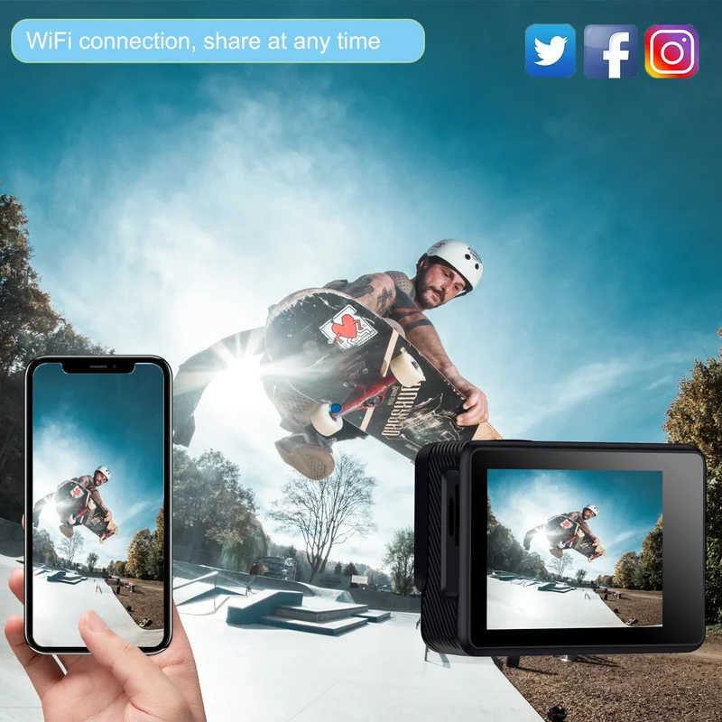4k Action Camera WiFi Dual Screen Ultra HD 30M Underwater Camera Waterproof Camera Accessories Kits for Helmet Bicycle