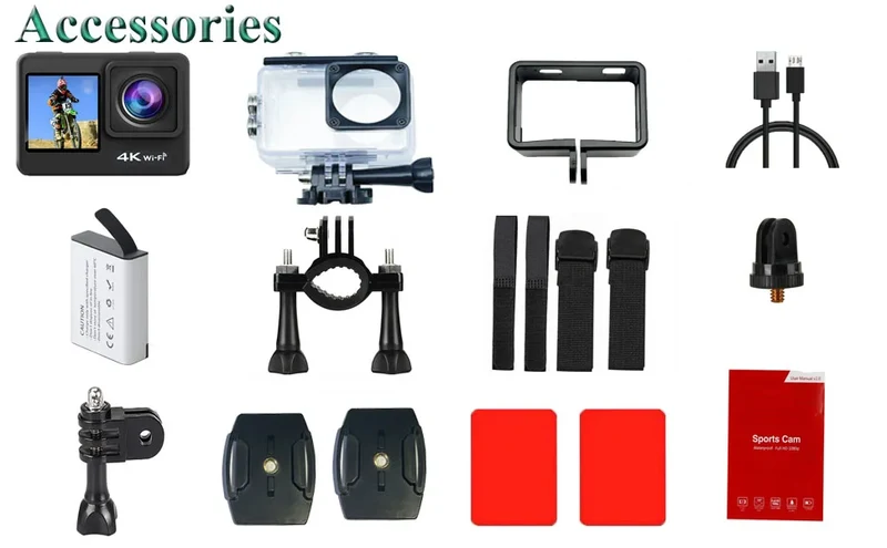 4k Action Camera WiFi Dual Screen Ultra HD 30M Underwater Camera Waterproof Camera Accessories Kits for Helmet Bicycle