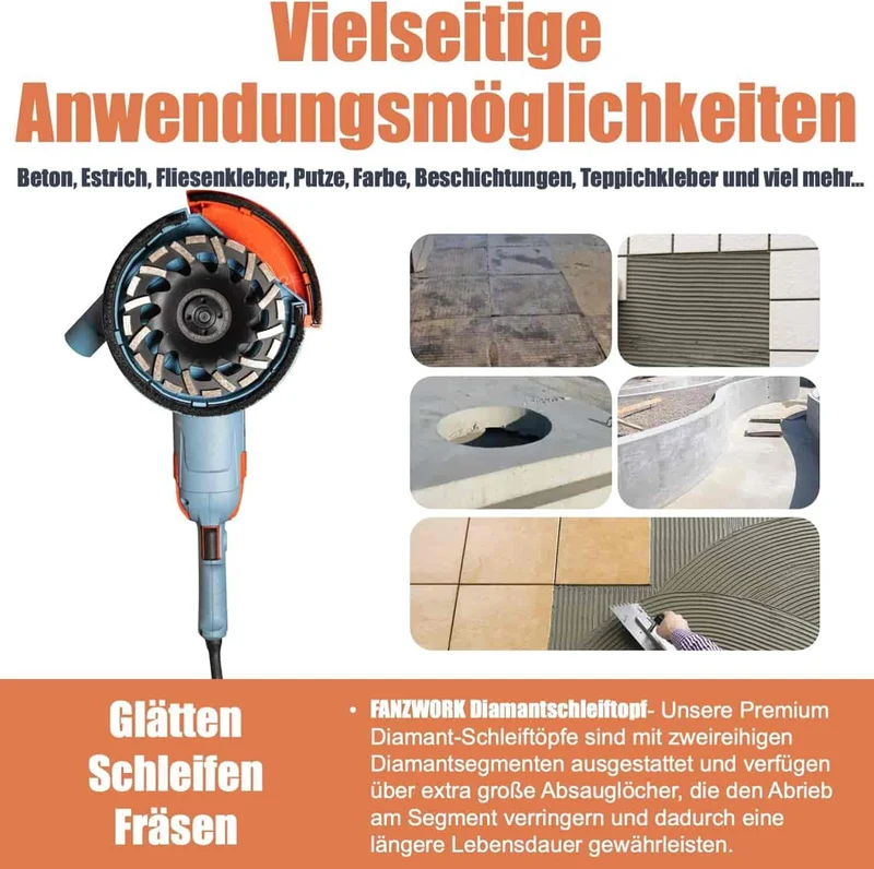 Neuwertig - FANZWORK 1750W/180mm Betonschleifer Set, 7.500 min-1 Umdrehung, inkl. Premium180mm Diamantschleiftopf