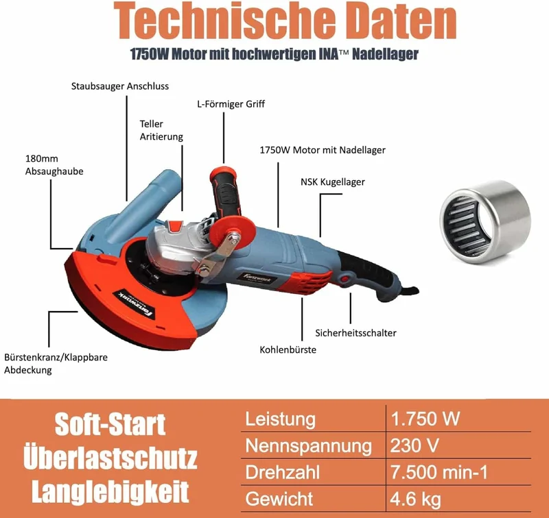 Gebraucht - FANZWORK 1750W/180mm Betonschleifer Set, 7.500 min-1 Umdrehung, inkl. Premium180mm Diamantschleiftopf