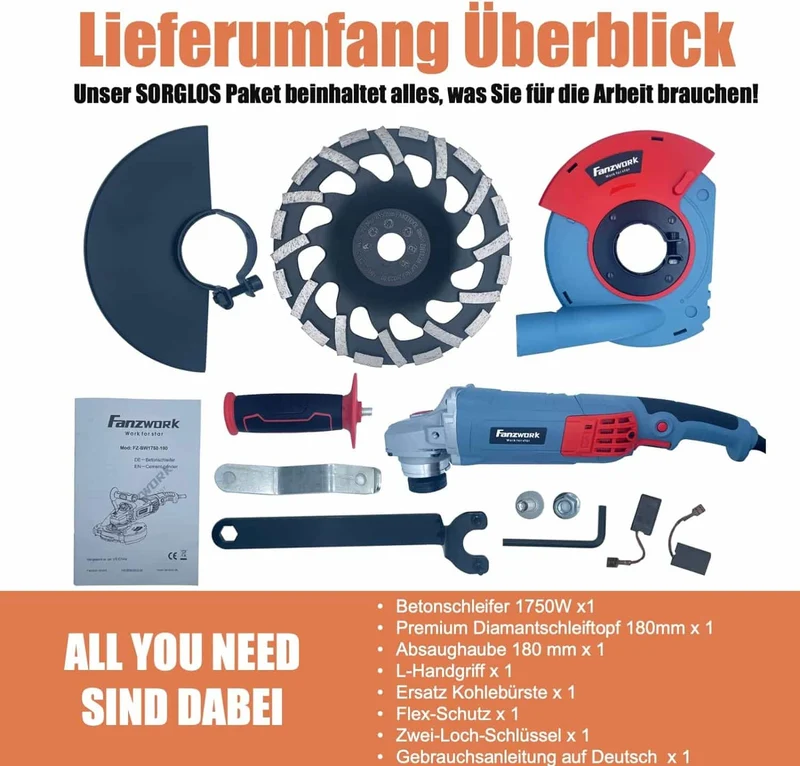Gebraucht - FANZWORK 1750W/180mm Betonschleifer Set, 7.500 min-1 Umdrehung, inkl. Premium180mm Diamantschleiftopf