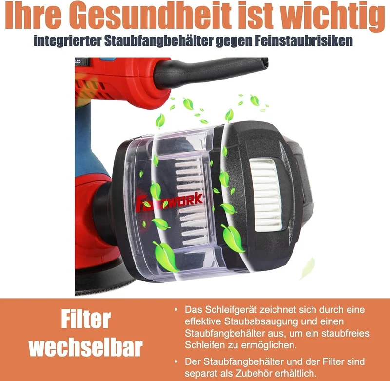 49C FANZWORK 300W Exzenterschleifer mit Staubfangbehälter staubgeschütztem Schalter