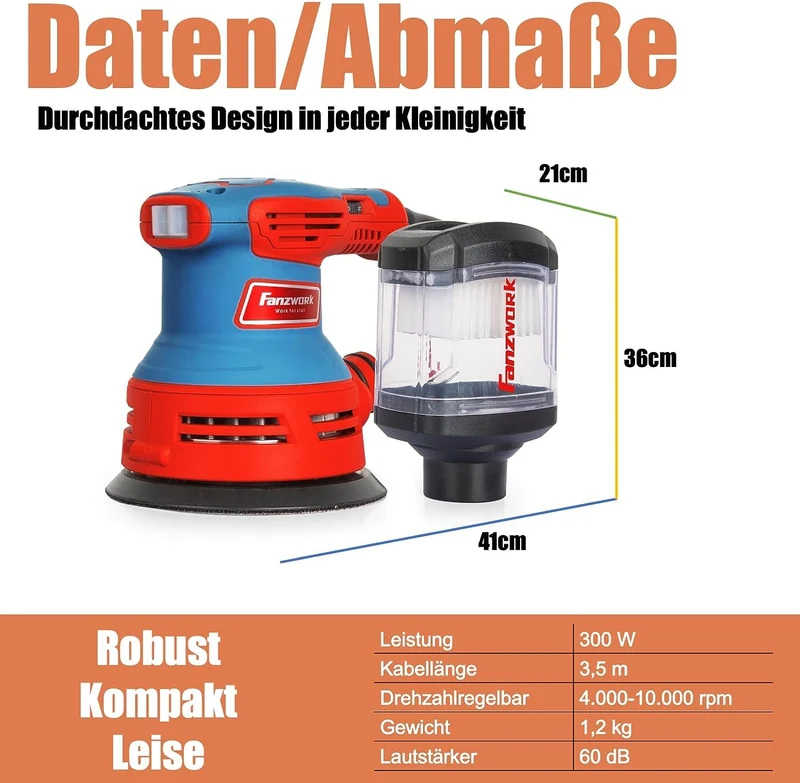 49C FANZWORK 300W Exzenterschleifer mit Staubfangbehälter staubgeschütztem Schalter