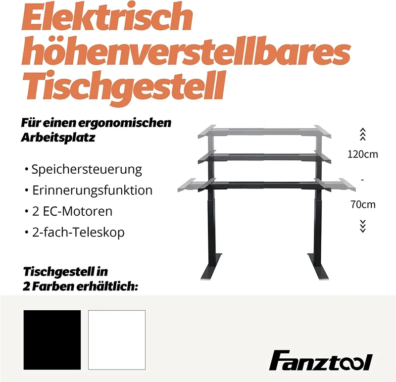 FANZTOOL höhenverstellbarer Schreibtisch-Gestell mit 2 x Bosch Motoren elektrisch stufenlos in Weiß