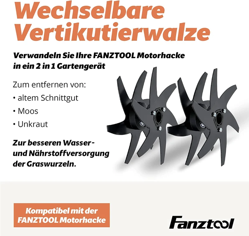 15C FANZTOOL Vertikutierer Aufsatz für Bodenhacke mit Akku, Handvertikutierer zum Lüften von Rasen und Boden, mit 20cm Arbeitsbreite