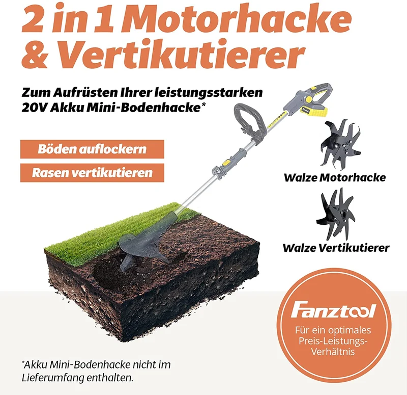 15C FANZTOOL Vertikutierer Aufsatz für Bodenhacke mit Akku, Handvertikutierer zum Lüften von Rasen und Boden, mit 20cm Arbeitsbreite