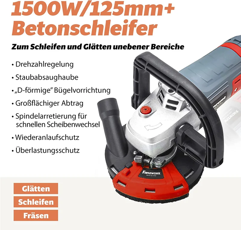 Neuwertig - FANZWORK Betonschleifer Betonfräse Set mit Diamantschleiftopf und Absaughaube (1500W/125mm) FT2302