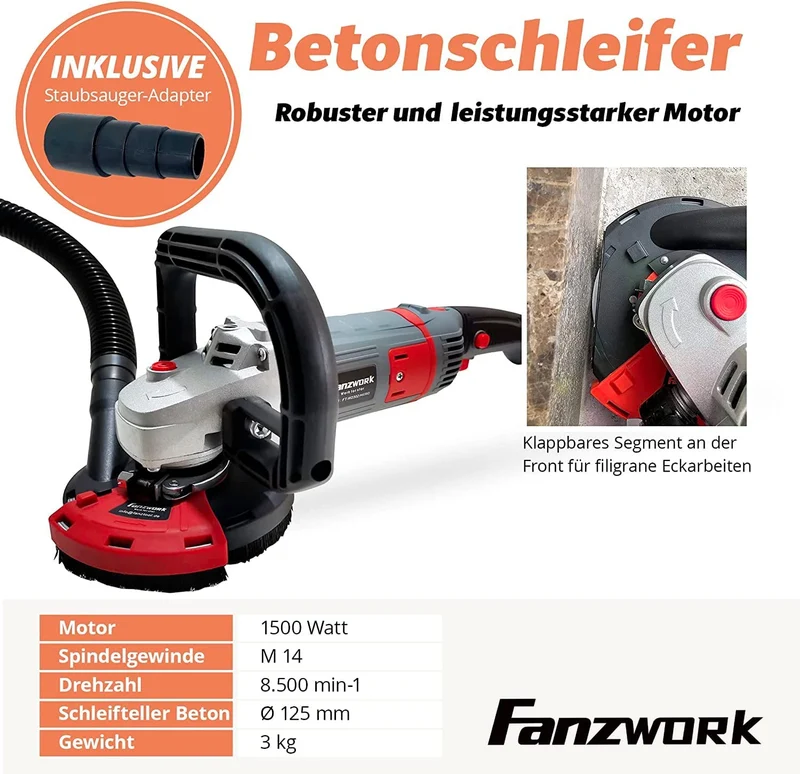 Neuwertig - FANZWORK Betonschleifer Betonfräse Set mit Diamantschleiftopf und Absaughaube (1500W/125mm) FT2302