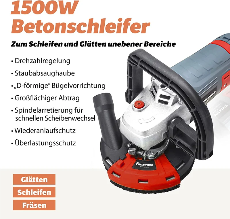 Gebraucht - FANZWORK Betonschleifer Betonfräse Set mit Diamantschleiftopf und Absaughaube (1500W/125mm+) FT-2302