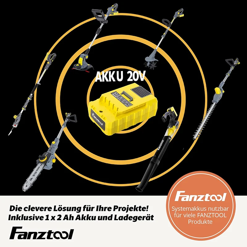 Neuwertig - FANZTOOL 20V Akku Heckenschere, Hochentaster, Rasentrimmer (3-in-1)