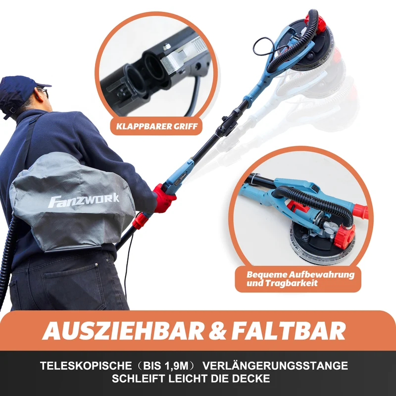 FANZWORK 750 Watt Trockenbauschleifer mit intrigiertem Staubsauger Giraffe Deckenschleifer – LED, 4kg