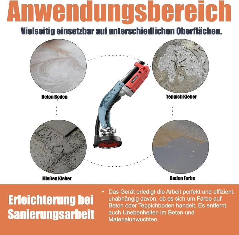 FANZWORK Betonschleifer 1010W mit Teleskopstange bis 1,20 m丨Inklusive Diamantschleiftopf 125mm und Tragtasche丨Drehzahlregelbar