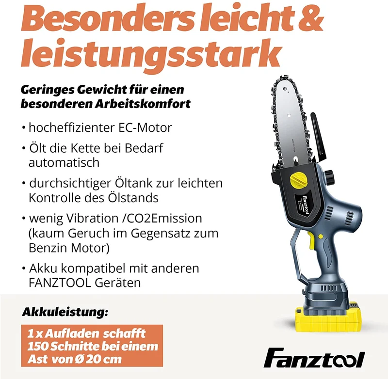 FANZTOOL 20V Akku Handsäge, Kettensäge mini 1,8 kg, EC-Motor, 3Ah Akku SMY100014
