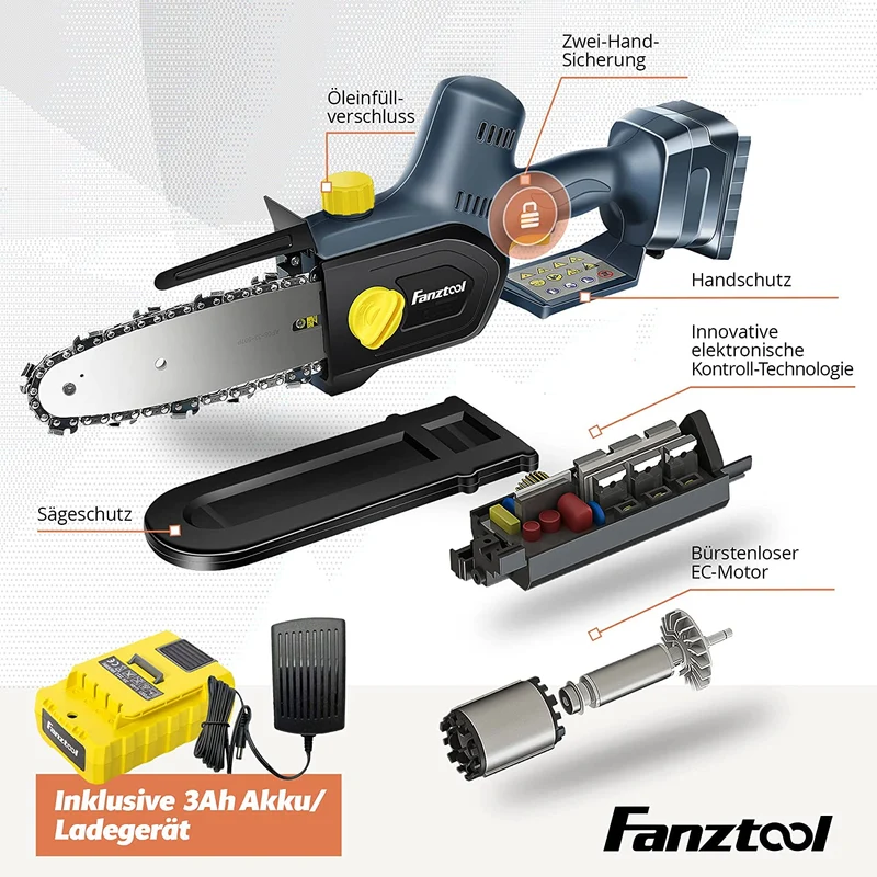 FANZTOOL 20V Akku Handsäge, Kettensäge mini 1,8 kg, EC-Motor, 3Ah Akku SMY100014