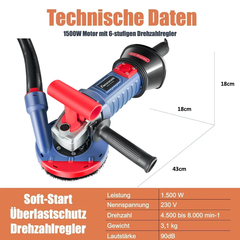 FANZWORK 1500W Betonschleifer Betonfräse Set, Drehzahlregelbar, inkl. Premium 125mm Diamantschleiftopf, Absaughaube, T-Förmiger Griff FZ-WB2304B