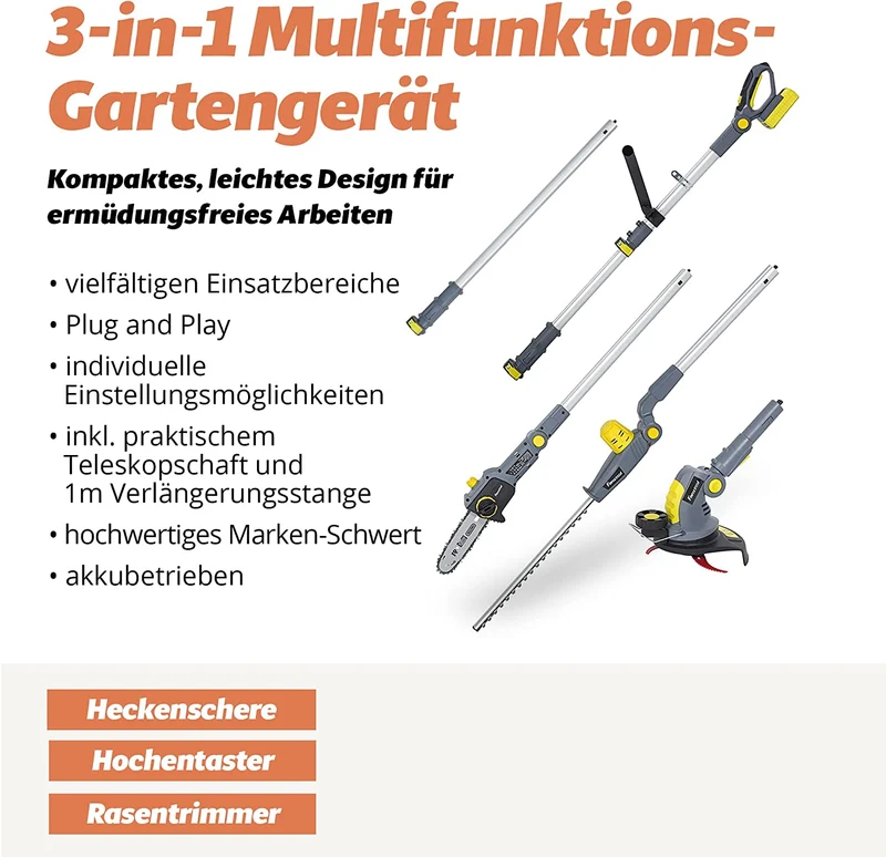 022 FANZTOOL 20V Akku Heckenschere, Hochentaster, Rasentrimmer (3-in-1)
