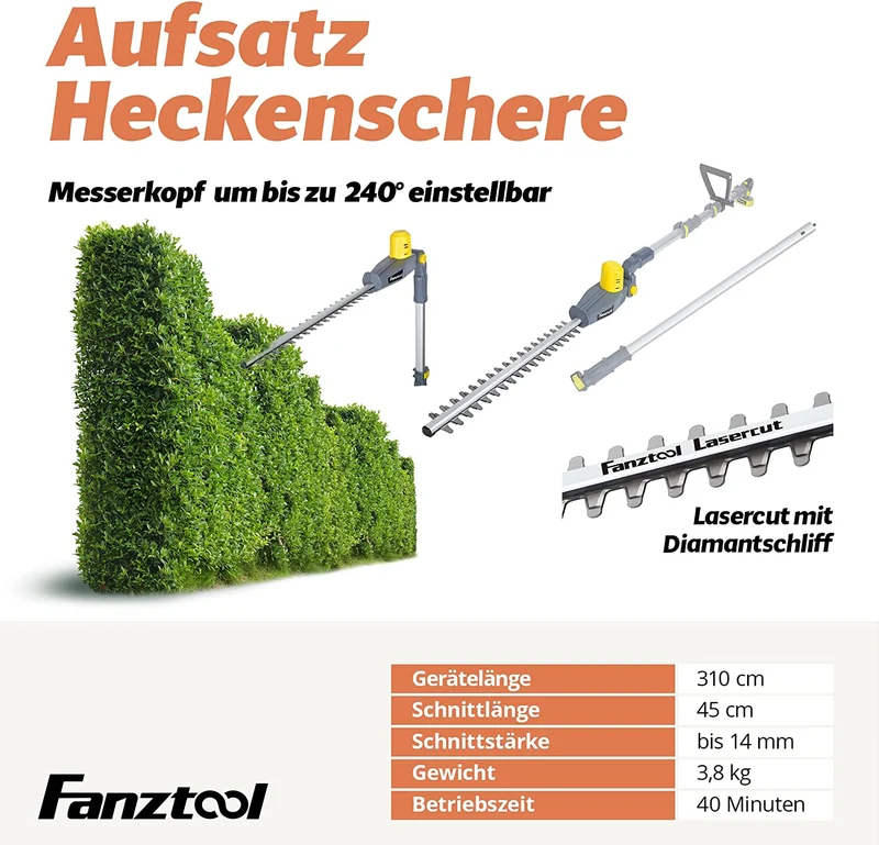 022 FANZTOOL 20V Akku Heckenschere, Hochentaster, Rasentrimmer (3-in-1)